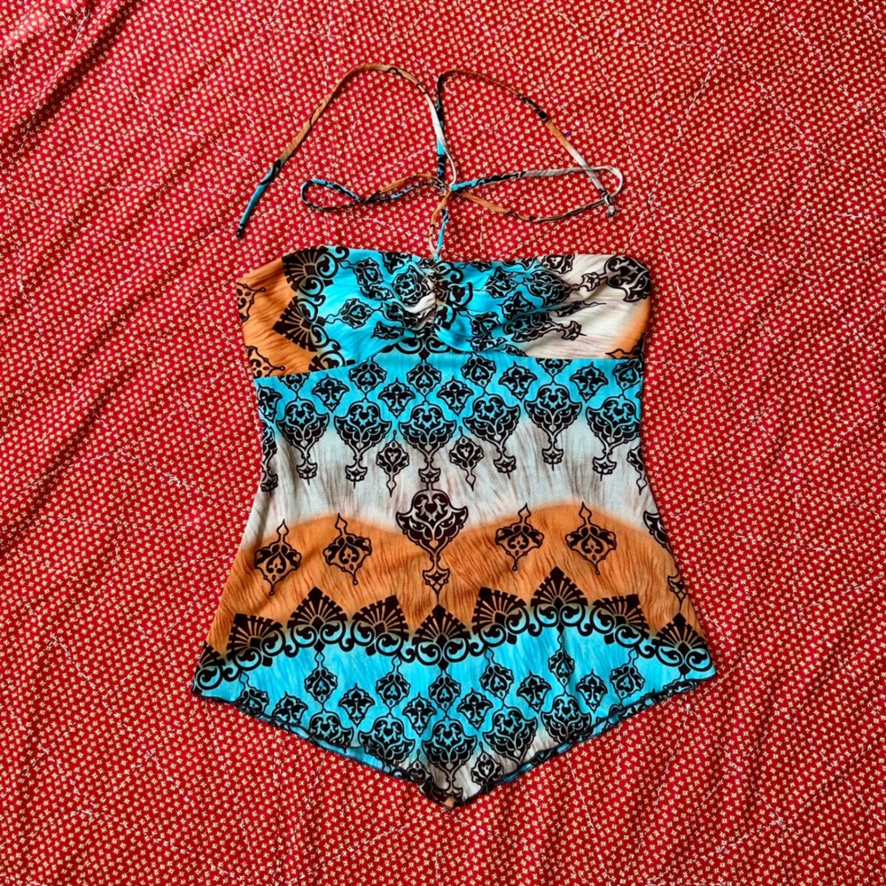 JNJ Vintage 200s does 70s Halter Top Blue Orange Handkerchief Hem M